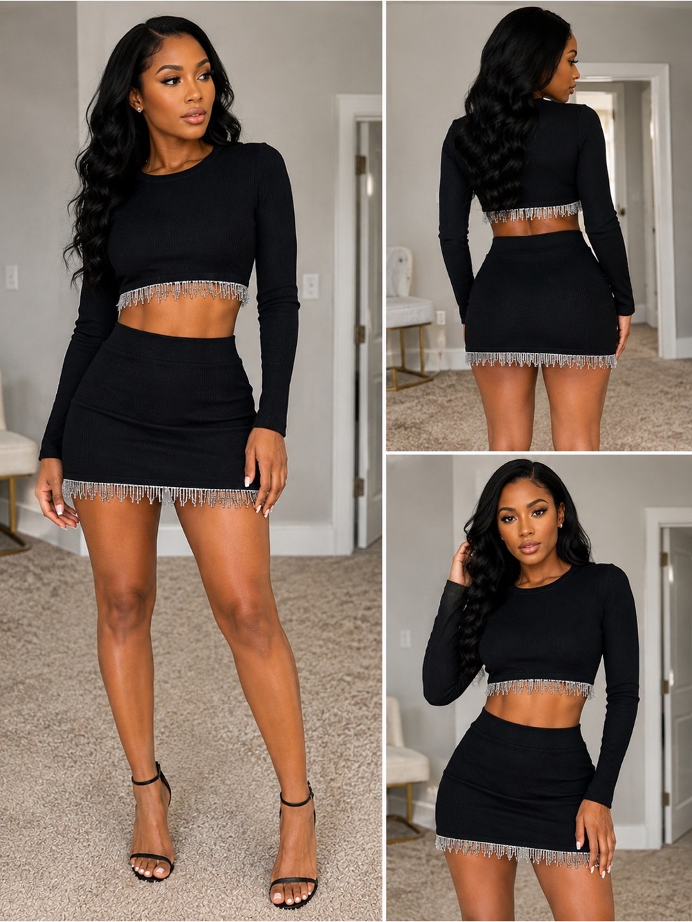 Sincerely Jules Black Ribbed Mini Skirt with Fringe Trim